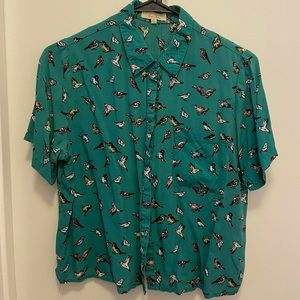 Teal button down with bird print